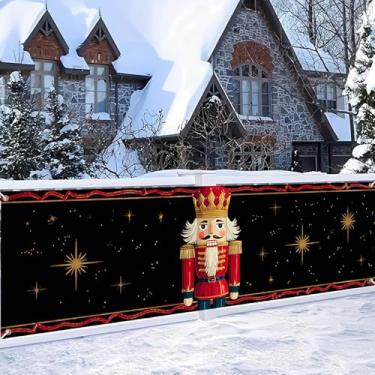 Imagem de HOMETITUTE Banner de Natal Quebra-Nozes 3 x 0,9 m Grande Ouro Vermelho Faixa de Natal com Estrelas e Soldado de Brinquedo para Interior Exterior Festa de Natal Parede Quintal Decoração de Fundo