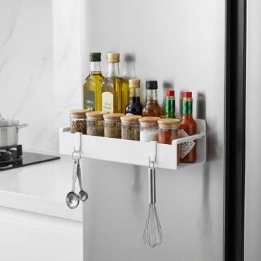 Imagem de Organizador magnético de armazenamento de especiarias para geladeira e forno, organizador de geladeira branco de metal forte com ganchos, prateleira de cozinha magnética para especiarias e garrafas, 1
