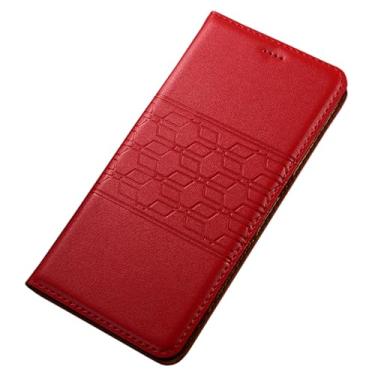 Imagem de POYUFRG Capa de couro genuíno para Xiaomi 17 Pro Max/17 Pro/17, capa carteira de negócios vintage flip magnética com compartimento para cartão, capa de suporte, vermelha, 17 ProMax