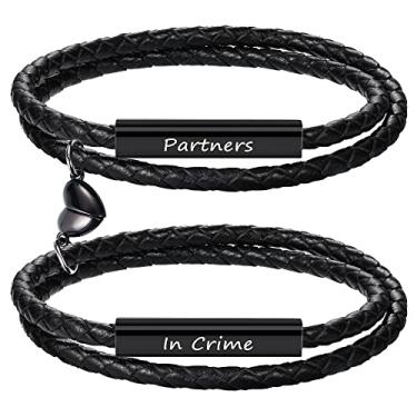 Imagem de Pulseiras de casal para mulheres presentes para homens presentes de aniversário de casamento para namorado namorada pulseira combinando 2 peças presente de couro de promessa gravada joia de Natal, Metal, Sem pedras preciosas