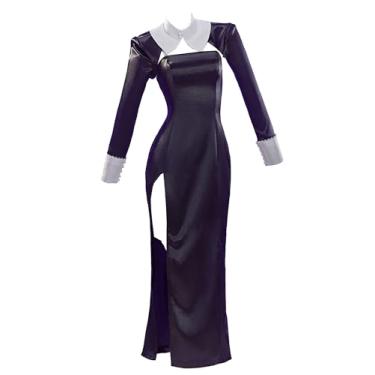 Imagem de Cosplay.fm Vestido feminino para cosplay fantasia de freira, vestido preto de fenda alta com blusa e véu, Preto, GG
