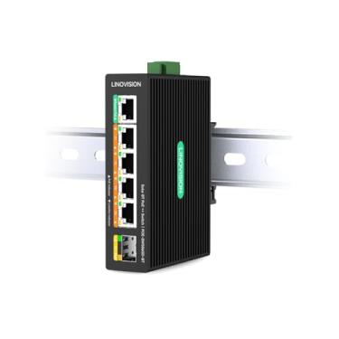 Imagem de Switch industrial LINOVISION Full Gigabit PoE++ de 5 portas, com entrada DC 12V, suporta 4 portas PoE++ BT90W para iluminação PoE e 1 porta PoE passiva de 24V para pontos de acesso.