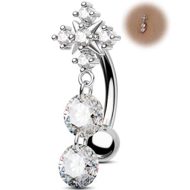 Imagem de Jewseen Anel de umbigo com pingente de flor, anel de barriga reverso ouro 14G para mulheres, aço cirúrgico, piercing de umbigo, joia hipoalergênica