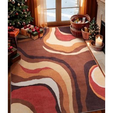 Imagem de YIHOUSE Tapete laranja queimado 10 x 15 lavável, tapetes retrô marrom de fazenda, tapete geométrico abstrato ondulado para quarto, tapetes coloridos exclusivos para sala de estar, sala de jantar