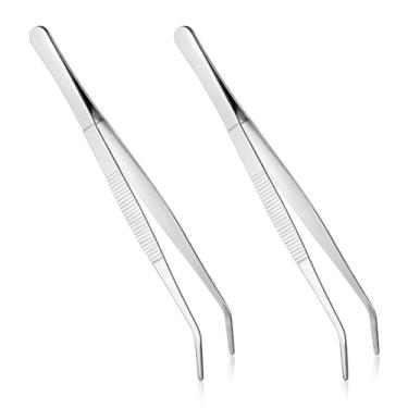 Imagem de 2 pinças de aço inoxidável de 20 cm com ponta serrilhada curvada conjunto de pinças longas de cozinha para máquina de costura resistente, pinça longa de aquário pinças de alimentação de répteis para