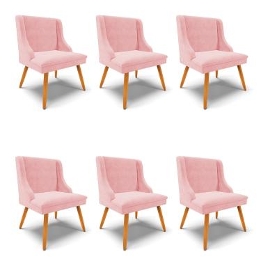 Imagem de Kit 06 Cadeiras de Jantar Liz Suede Rosa Bebê Pés Palito Castanho - D'Rossi