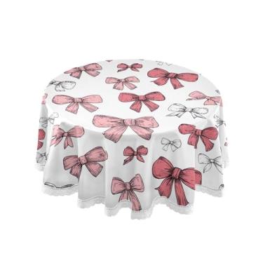 Imagem de SEHANY Toalha de mesa redonda com laço rosa de 152 cm, tecido lavável sem rugas, toalha de mesa decorativa de renda para restaurante, casamento, acampamento, festa de cinco de maio