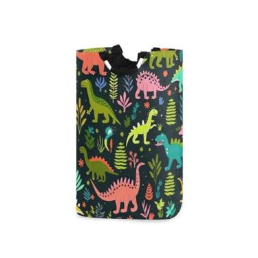 Imagem de Blueangle Cesta de roupa suja dobrável de dinossauros coloridos com alças – Saco de cesto de roupa impermeável dobrável | Solução de armazenamento de roupas que economiza espaço para dormitório