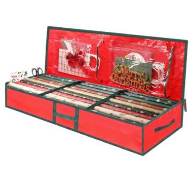 Imagem de EMOMAS Caixa de armazenamento de papel de embrulho de Natal, recipiente de plástico para suprimentos e acessórios de férias, organizador de sacolas de presente, armazenamento de papel de embrulho sob