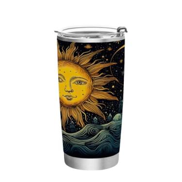 Imagem de Blueangle Copo de 590 ml com tampa e canudo, copo de café com água isolada a vácuo de aço inoxidável, caneca de viagem de sol e lua, copo térmico para bebidas quentes e frias (935)