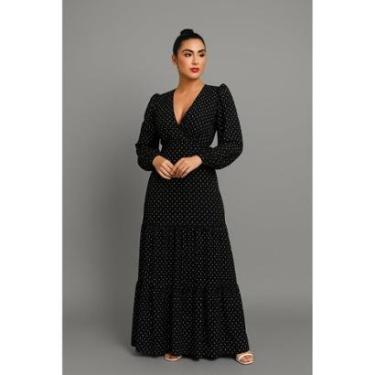 Imagem de Vestido Longo D Bell Outlet Fashion Manga Longa Preto Bolinhas-Feminino