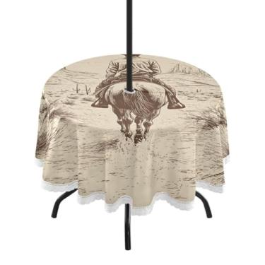 Imagem de Blueangle Toalha de mesa redonda impermeável de 152 cm para ambientes externos caubói do deserto com orifício para guarda-chuva - Tecido resistente à prova de sol para todos os climas para pátio