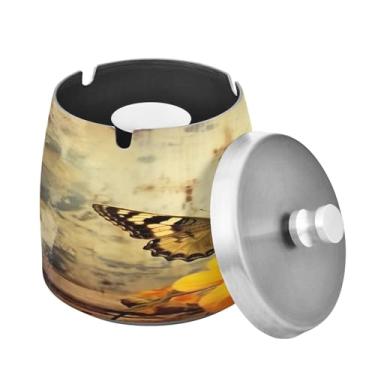 Imagem de Blueangle Cinzeiro de borboleta vintage com tampa para cigarros, à prova de vento/chuva, aço inoxidável, sem fumaça, inodoro, cinzeiro para uso interno ou externo (448)