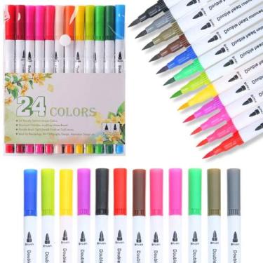 Imagem de Caneta 24 Cores Brush Pincel Duas Pontas Marca Texto Escolar - Europio