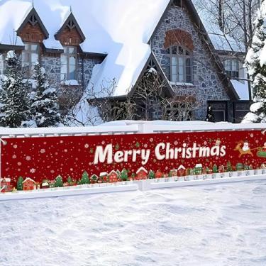 Imagem de HOMETITUTE Faixa de Feliz Natal 395,7 x 50,8 cm Red Snow Village Santa Trenó Pano de fundo para decoração de Natal ao ar livre para parede, quintal, cerca, varanda, festa de feriado, foto de fundo