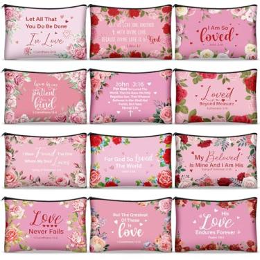 Imagem de 12 unidades de bolsas de maquiagem cristã em massa, presentes cristãos inspiradores para mulheres, tela religiosa, versículos da Bíblia, bolsa de lápis de flor, bolsa cosmética, presentes de Natal