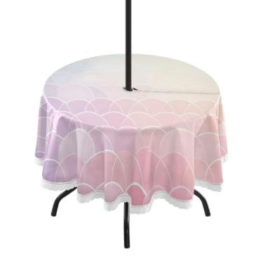 Imagem de CEBUGI Toalha de mesa redonda para uso ao ar livre, escala colorida, impermeável, com furo Umberlla, capa de mesa lavável para pátio, cozinha, sala de jantar, 152 cm