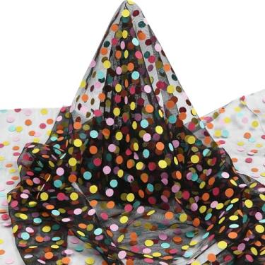 Imagem de Fita de tule de bolinhas preta - 19,7 x 159 polegadas tela manchada arco-íris tecido poliéster rolos de tule para artesanato faça você mesmo pontos coloridos saias tutu vestido aniversário casamento