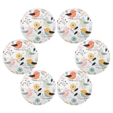Imagem de Wassud Jogo americano conjunto de 6 tapetes de mesa redondos fofos de pássaros de desenho animado para cozinha e jantar tapetes laváveis resistentes ao calor decoração de mesa 39 cm