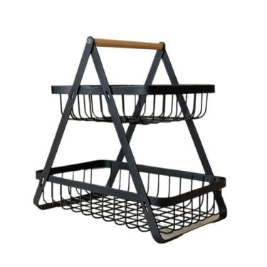 Imagem de Fruteira de Mesa 2 Andares Ferro e Bambu Organizador Cesto de Frutas Decorativa de Bancada(PRETO DUPLA TAM.P 22X14 CM)