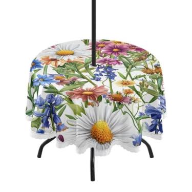 Imagem de CEBUGI Toalha de mesa redonda para uso ao ar livre, flores silvestres, impermeável, com furo Umberlla, capa de mesa lavável para pátio, cozinha, sala de jantar, 152 cm