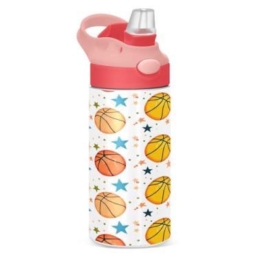 Imagem de CEBUGI Garrafas de água coloridas de basquete à prova de vazamento garrafa de água infantil com canudo 350 ml garrafa de água isolada a vácuo de aço inoxidável para meninos e meninas