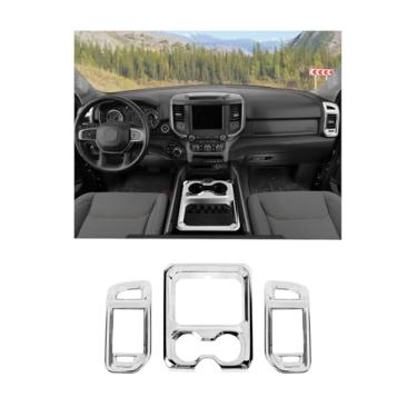 Imagem de Hoolcar Capa para painel de apoio de braço frontal para console central RAM e tampa de acabamento de ventilação de ar lateral para Dodge RAM 2018-20225, cromado