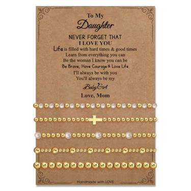 Imagem de Pulseira de contas de placa de ouro para mulheres: Pulseira de cruz de pérola delicada banhada a ouro 14K extensível para mulheres - Presentes de aniversário de Natal para filha, sobrinha, neta, 6.7