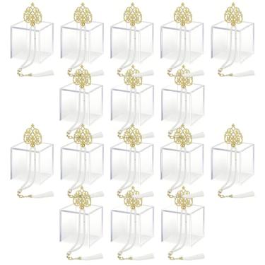 Imagem de Pacote com 16 caixas de lembrancinhas transparentes preenchíveis com tampas douradas e contas de oração, caixa de doces de plástico para festa de casamento, recipientes de armazenamento de sobremesas