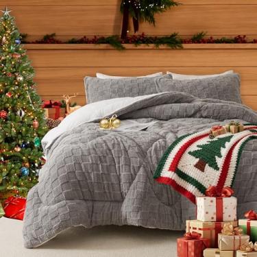 Imagem de ELNIDO QUEEN Conjunto de edredom King fofo, de lã de inverno cinza, ultramacio e extra fofo, 3 peças, edredom confortável com 2 fronhas, 259 x 228 cm