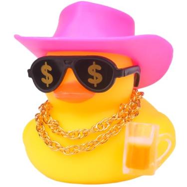 Imagem de CoFuBcad Decoração de painel de pato de borracha, decoração de pato amarelo de carro engraçado com colar de chapéu de caubói óculos de sol, mini instrumento para acessórios legais de carro