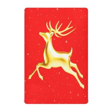 Imagem de Qilmy Lençóis de berço de Natal de rena dourada, macio, respirável, de microfibra elástica, lençol com elástico para meninos e meninas, miniberço, 99 cm x 68,5 cm, capa de colchão infantil portátil