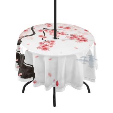 Imagem de Qilmy Toalha de mesa redonda impermeável com flor de cerejeira japonesa de 152 cm com orifício para guarda-chuva e zíper – uso externo / interno resistente para pátio, churrascos, piqueniques, festas