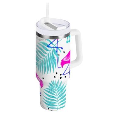 Imagem de Copo com isolamento duplo de 850 g com alça e canudo, copo de café de viagem com folhas de palmeira flamingo