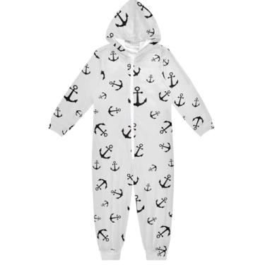 Imagem de Macacão infantil âncora preta com capuz branco peça única para crianças meninas meninos 4 anos, Âncora preta branca, 5-6 Anos