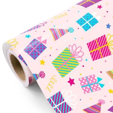 Imagem de WRAPAHOLIC Rolo de papel de embrulho de aniversário - Mini rolo - 43 cm x 24 cm - Caixas de presente de aniversário em papel de embrulho rosa para meninas, mulheres, chá de bebê, casamento