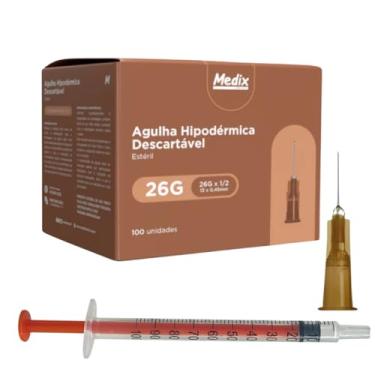 Imagem de Kit 100 Agulhas Hipodermicas Marrom 13x0,45mm +100 Seringas sem Agulha LS 1 mL Descartável, Luer Slip