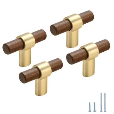 Imagem de Evionlin 6 maçanetas de madeira de nogueira dourada, cilíndrica, longa, nogueira, madeira, liga de zinco, puxadores de gaveta