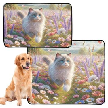 Imagem de Almofada floral para animais de estimação ragdoll de primavera para gatos, lavável, para animais de estimação, tapete impermeável para gaiola de cachorro, almofadas absorventes fofas para treinamento