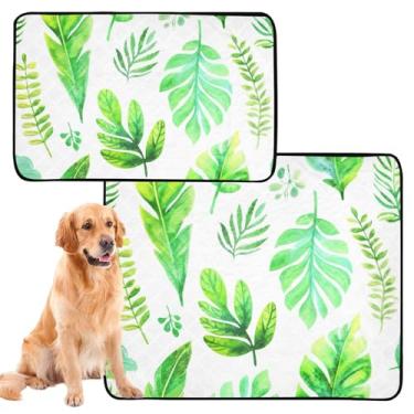 Imagem de Aquarela folhas verdes laváveis para animais de estimação, tapete reutilizável para gatos de estimação, tapete impermeável para gaiolas de cachorro, absorventes de penico, médio + grande, conjunto de