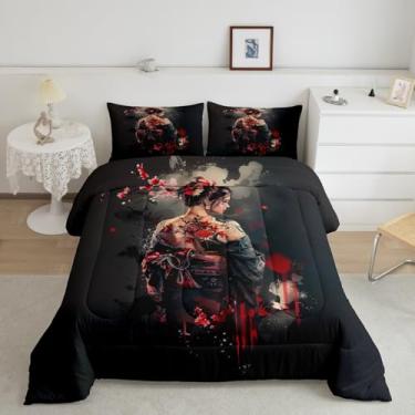 Imagem de jejeloiu Conjunto de edredom de gueixa japonesa, tamanho king, flores de cerejeira vermelha, para meninos, meninas, adolescentes, japonês, Ukiyoe, respirável, conjunto de edredom Hokusai, decoração de