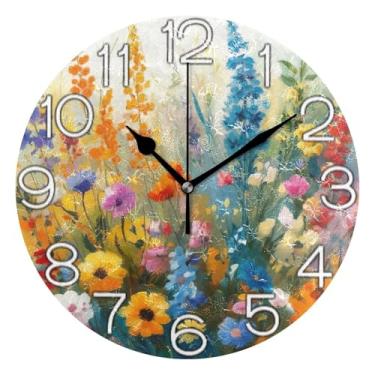 Imagem de GAIGEO Relógio de parede analógico decorativo redondo sem tique-taque silencioso quarto relógio de cozinha, decoração de parede vintage sala de estar, flores silvestres coloridas amarelo floral, 25 cm