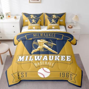 Imagem de Feelyou Conjunto de edredom de beisebol com 7 peças, casal Milwaukee, para crianças, meninos, meninas, beisebol, cidade, decoração de quarto de jogos, microfibra leve e macia