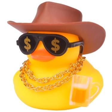 Imagem de CoFuBcad Decoração de painel de pato de borracha, decoração de pato amarelo de carro engraçado com colar de chapéu de caubói óculos de sol, mini instrumento para acessórios legais de carro