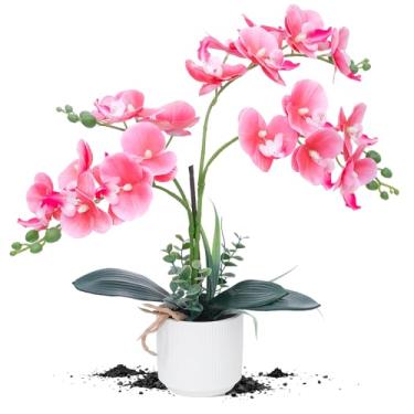 Imagem de ucky Flores de orquídea artificiais brancas atualizadas com vaso de cerâmica, orquídeas falsas, flores de toque real para decoração de casa, decoração de banheiro, mesa de centro de mesa (rosa)