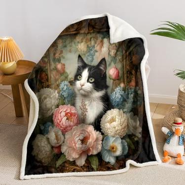 Imagem de AILONEN Cobertor de lã de ovelha 3D de gato fofo, cortina de sherpa de jardim de peônia para presentes para amantes de gatos, cobertores macios para amantes de gatinhos para sofá de cama, 140 x 129 cm