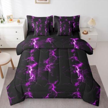 Imagem de Erosebridal Conjunto de edredom Queen com estampa de raio roxo para meninas e mulheres, 7 peças | Conjunto de cama com luz neon abstrata em uma bolsa, arte ombré, roupa de cama estética