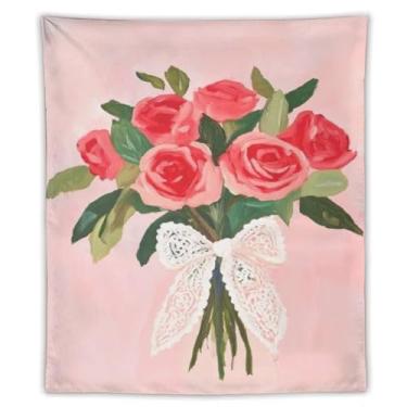 Imagem de Tapeçaria vintage para casais, vestido rosa, chapéu fedora, pétala, fundo macio, pintura a óleo, decoração romântica, decoração de casa para sala de estar, quarto, peça estética nostálgica, tapeçaria