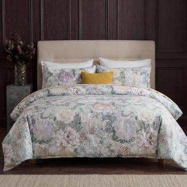 Imagem de Cozaline Capa de edredom 100% algodão king size – Conjunto de capa de edredom floral em aquarela cinza e verde com fecho de zíper e laços nos cantos, conjunto de cama macio e sedoso de 3 peças para