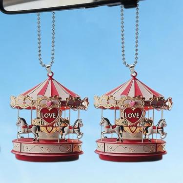 Imagem de 2 peças de enfeite de carrossel de Natal - pingente de acrílico para pendurar no dia dos namorados, enfeite de carrossel 2D para interior de casa, festa de inverno, mesa de jantar festiva (8 x 6,7 cm)